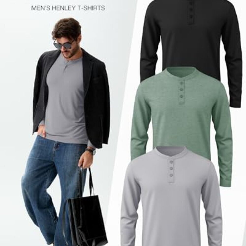 Men's Big Tall Henley T-Shirts Long Sleeve Cotton Blend Loose Fit Casual - Picture 3 of 8